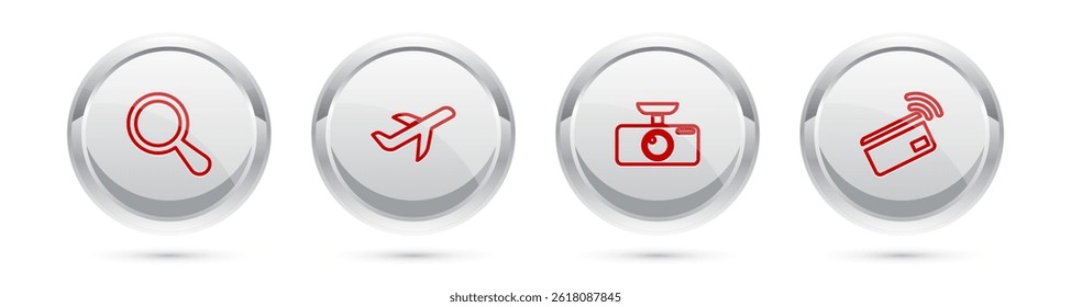 Set line Magnifying glass, Plane, Car DVR and Contactless payment. Silver circle button. Vector