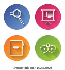 Set line Magnifying glass, Presentation financial board with graph, schedule, chart, diagram, infographic, pie graph, Notebook and Ringing alarm bell. Color circle button. Vector