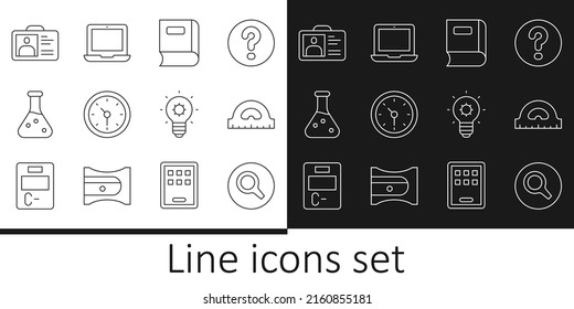 Fijar la línea Vidrio de ampliación, rejilla del tractor, Libro, Reloj, Tubo de prueba, Tarjeta de identificación, Bombilla e icono de portátil. Vector