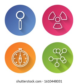 Set line Magnifying glass, Radioactive, Compass and Molecule. Color circle button. Vector