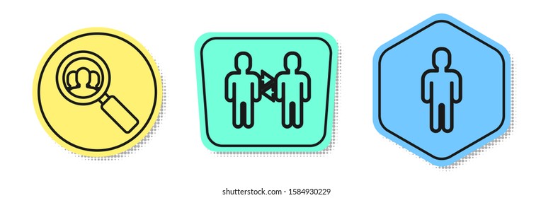 Set line Magnifying glass for search a people, Project team base and User of man in business suit. Colored shapes. Vector