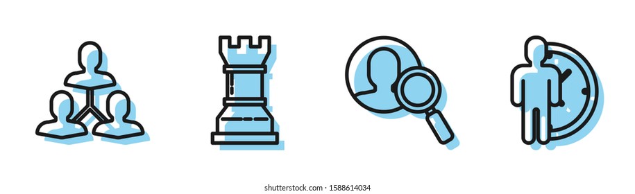 Set line Magnifying glass for search a people, Project team base, Business strategy and Time Management icon. Vector