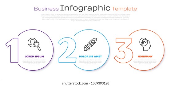 Set line Magnifying glass for search a people, Rocket ship with fire and Human head with lamp bulb. Business infographic template. Vector