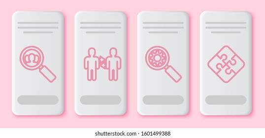 Set line Magnifying glass for search a people, Project team base, Magnifying glass and gear and Piece of puzzle. White rectangle button. Vector