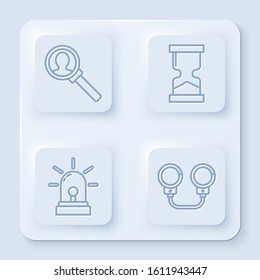 Set line Magnifying glass for search, Old hourglass, Flasher siren and Handcuffs. White square button. Vector