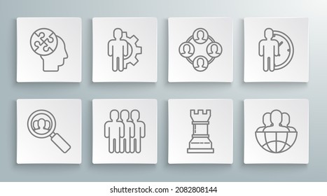 Set line Magnifying glass for search a people, Human with gear inside, Users group, Business strategy, Globe and, Project team base, Time Management and head puzzles icon. Vector