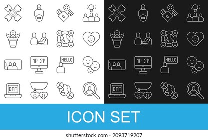 Set line Magnifying glass for search, Happy friendship day, Good relationship, Lock with key, BFF best forever, Puzzle pieces toy and International community icon. Vector