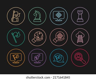 Set line Magnifying glass for search, Stair with finish flag, Target, Hand holding Earth globe, Flag,  and Chess icon. Vector