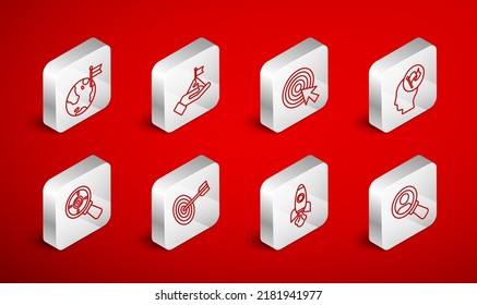 Set line Magnifying glass for search, Mountains with flag, Target arrow, Hand holding, Rocket ship, Planet,  and magnifying icon. Vector