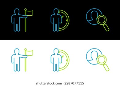 Set line Magnifying glass for search a people, Man holding flag and Time Management icon. Vector