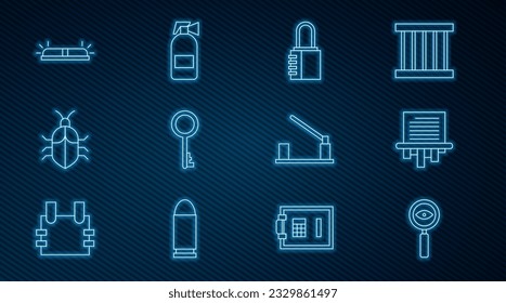 Set line Magnifying glass Search, Paper shredder, Safe combination lock, Old key, System bug concept, Flasher siren, Parking car barrier and Fire extinguisher icon. Vector
