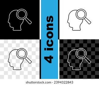 Set line Magnifying glass for search a people icon isolated on black and white, transparent background. Recruitment or selection. Search for employees and job.  Vector