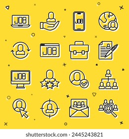 Set line Magnifying glass for search job, Employee hierarchy, Resume, Search, Exchange work,  and Briefcase icon. Vector