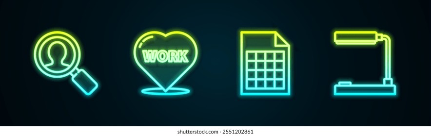 Set line Magnifying glass for search people, Heart with text work, File document and Table lamp. Glowing neon icon. Vector