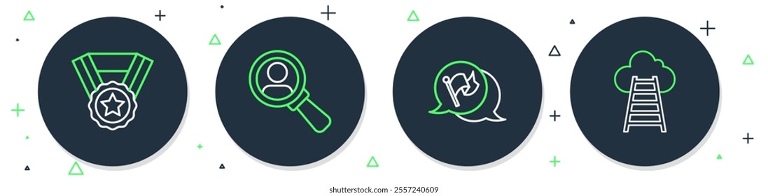Set line Magnifying glass for search, Flag, Medal and Stair with finish flag icon. Vector