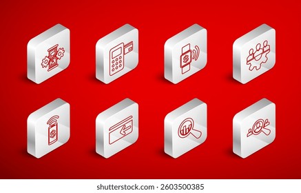 Set line Magnifying glass for search people, Pos terminal, Contactless payment, Project team base, and analysis, Hourglass gear, Cash back and  icon. Vector