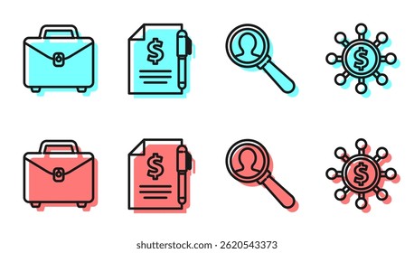 Set line Magnifying glass for search a people, Briefcase, Contract money and pen and Dollar, share, network icon. Vector