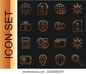 Set line Magnifying glass for search a people, Business network and communication, Contract money, Earth globe with dollar, Shield, Wallet, Human gear inside and Coin icon. Vector