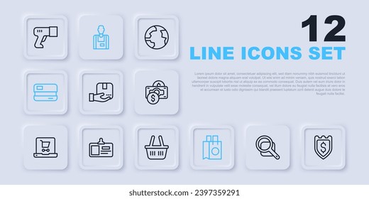 Set line Magnifying glass, Shield with dollar, Delivery hand box, Paper shopping bag, Credit card, Identification badge, Seller and Shopping basket icon. Vector