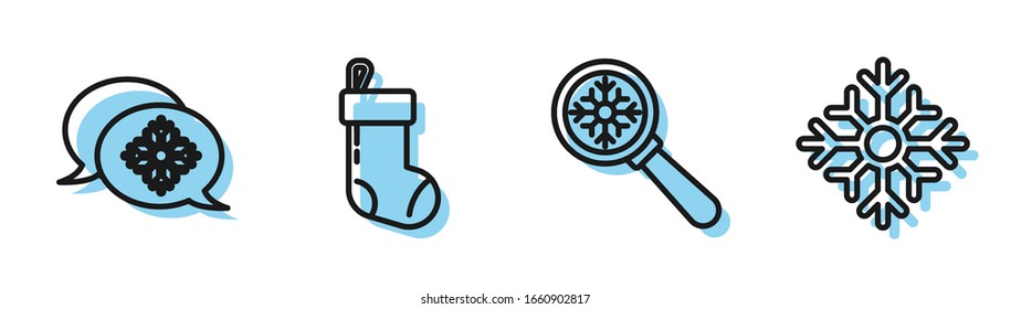 Set line Magnifying glass with snowflake, Snowflake with speech bubble, Christmas stocking and Snowflake icon. Vector
