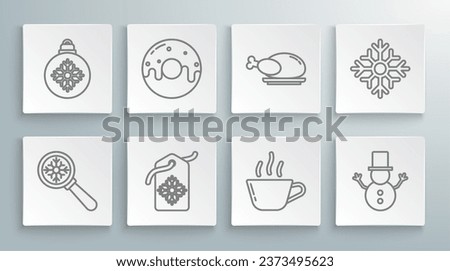 Set line Magnifying glass with snowflake, Donut sweet glaze, Price tag an inscription Sale, Coffee cup, Christmas snowman, Roasted turkey or chicken, Snowflake and ball icon. Vector