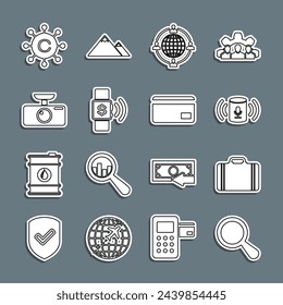 Set line Magnifying glass, Suitcase for travel, Voice assistant, Outsourcing concept, Contactless payment, Car DVR, Copywriting network and Credit card icon. Vector