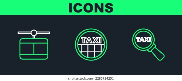Set line Magnifying glass and taxi car, Cable and Taxi roof icon. Vector