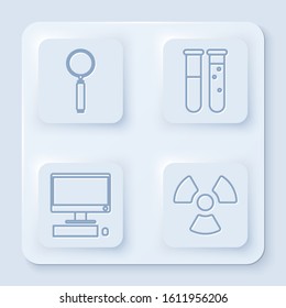 Set line Magnifying glass, Test tube and flask chemical laboratory, Computer monitor with keyboard and mouse and Radioactive. White square button. Vector