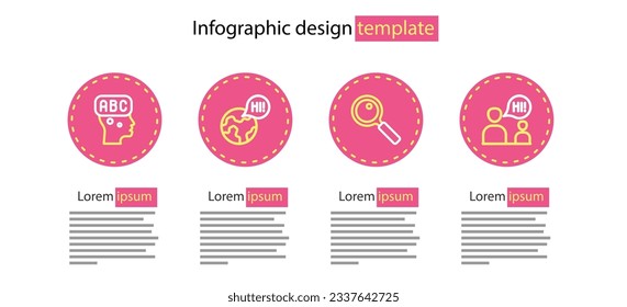 Set line Magnifying glass, Two sitting men talking, Learning foreign languages and  icon. Vector