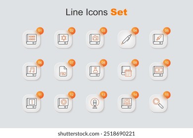 Set línea Lupa, manual de usuario, micrófono, libro, sobre el cine, cuaderno de papel diario e icono de libro de química. Vector