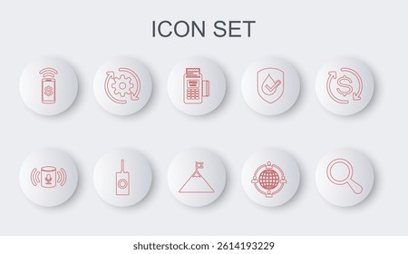 Set line Magnifying glass, Voice assistant, POS terminal, Outsourcing concept, Contactless payment, Gear and arrows workflow, Remote control and Mountains flag icon. Vector