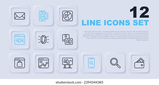 Set line Magnifying glass, Wallet with money, Diamond, and mobile, Page 404 error, Market analysis, Advertising and  icon. Vector