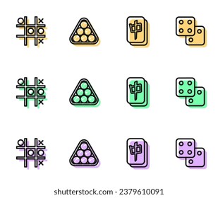 Set line Mahjong pieces, Tic tac toe game, Billiard balls in triangle and Game dice icon. Vector