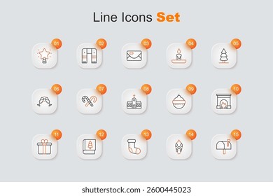 Set line Mail box, Christmas toy, stocking, book, Gift, Interior fireplace, ball and Church building icon. Vector