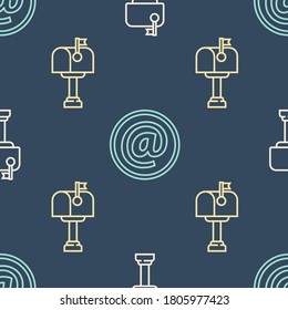 Set line Mail box, Mail box and Mail and e-mail on seamless pattern. Vector
