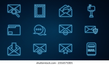 Set line Mail box, Envelope with shield, Outgoing mail, Speech bubble chat, Document folder, magnifying glass, Delete envelope and Postal stamp icon. Vector