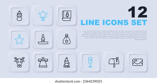 Set line Mail box, Envelope, Burning candle, Glass of champagne, Christmas star, Angel,  and tree icon. Vector