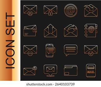 Set line Mail box, Envelope and check mark, Address book, e-mail, Outgoing, Delete envelope and  icon. Vector
