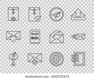 Set line Mail box, Postal stamp, Paper plane, Received message concept, Delete envelope, and e-mail and Express icon. Vector