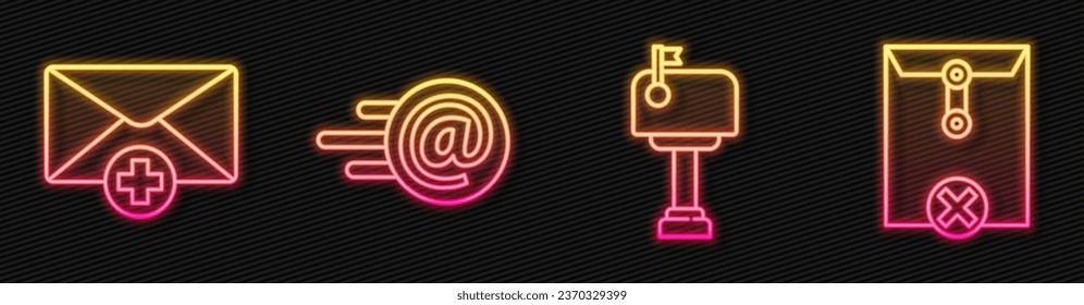 Establece el cuadro Correo de línea, el concepto de mensaje recibido, Correo y correo electrónico y el sobre Eliminar. Icono de neón brillante. Vector