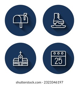 Set line Mail box, Skates, Church building and Christmas day calendar with long shadow. Blue circle button. Vector