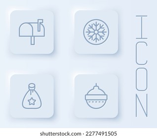 Set line Mail box, Snowflake, Santa Claus bag gift and Christmas ball. White square button. Vector