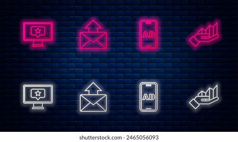 Set line Mail and e-mail, Advertising, Monitor with star and Pie chart infographic. Glowing neon icon on brick wall. Vector