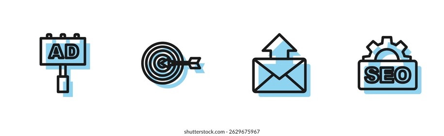 Definir linha Email e e-mail, Publicidade, Alvo e ícone de otimização de SEO. Vetor