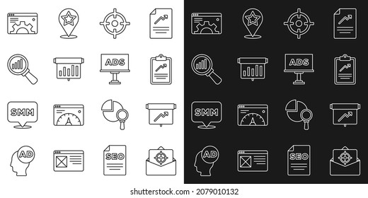 Set line Mail and e-mail, Board with graph chart, Clipboard, Target sport, Magnifying glass analysis, Browser setting and Advertising icon. Vector
