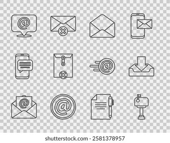 Set line Mail and e-mail, box, Envelope, on speech bubble, Delete envelope, Document pen and Download inbox icon. Vector