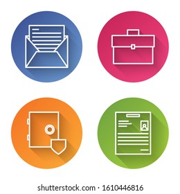 Set line Mail and e-mail, Briefcase, Safe with shield and Personal document. Color circle button. Vector