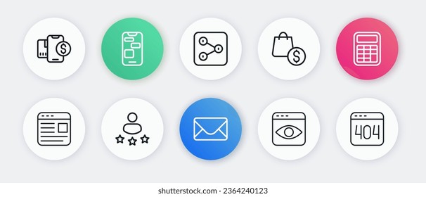 Set line Mail and e-mail, Calculator, Advertising, Personal information collection, shopping bag dollar, Share, Page with 404 error and Consumer product rating icon. Vector