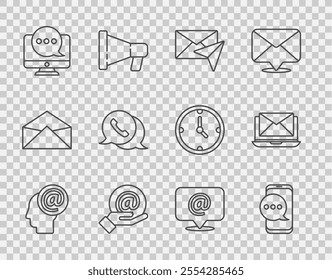 Set line Mail and e-mail, Chat messages notification on phone, Envelope, in hand, monitor, Telephone with speech bubble chat,  and Laptop envelope icon. Vector