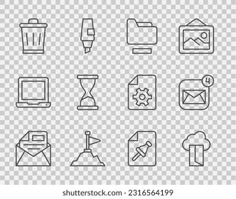 Set line Mail and e-mail, Cloud database, Document folder, Mountains with flag on top, Trash can, Old hourglass, Note paper push button and Envelope icon. Vector